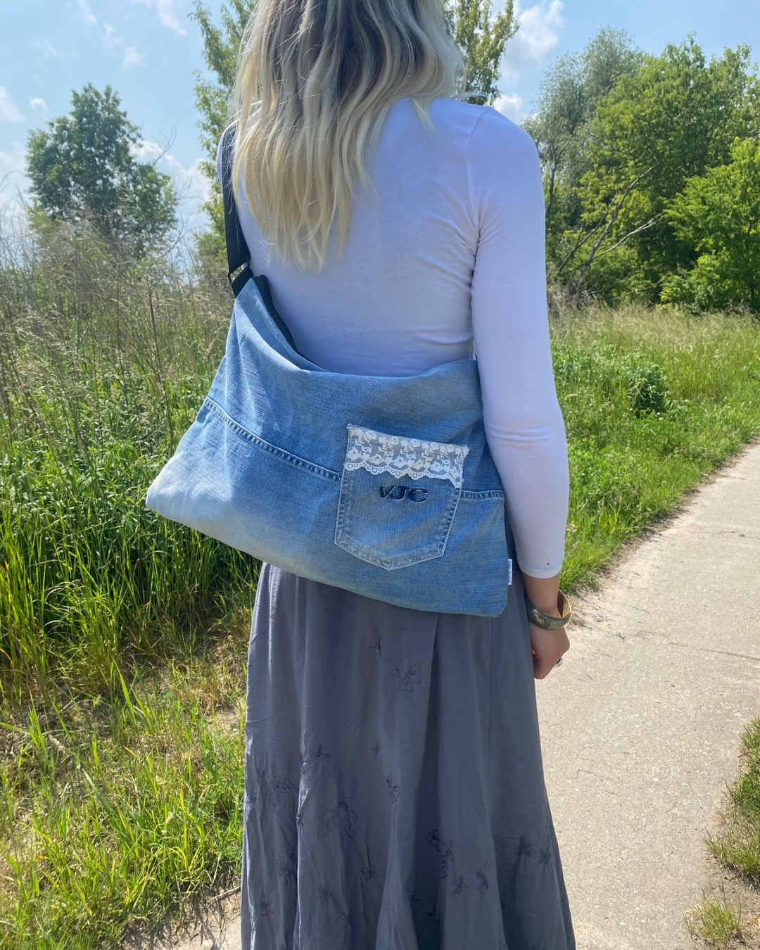 Tasche, Umhängetasche, Cross Body Bag Jeans mit Spitze, Upcycling